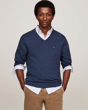 Tommy Hilfiger Pima Organic Cotton Cashmere V-Neck Jumper - Blue