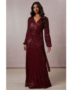 Coast Long Sleeve Sequin Tie Maxi Gown - Red