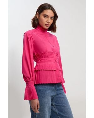 Karen Millen Cotton Poplin Tiered Ruffle Detail Long Sleeve Woven Blouse - Pink