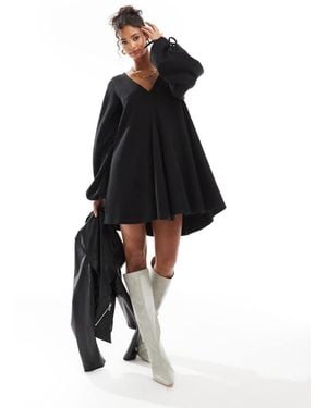 ASOS Supersoft V-Neck Flare Hem Skirt Mini Dress With Tie Sleeve - Black