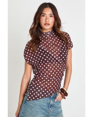 Boohoo Mesh Polka Dot High Neck Ruched Side Asymmetric Top - Red