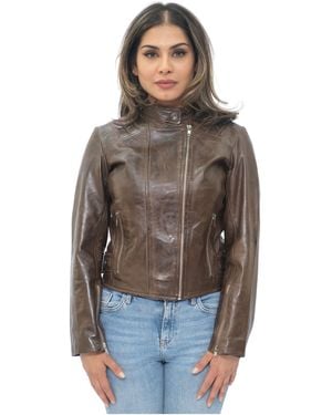 Infinity Leather Biker Jacket-Celaya - Brown