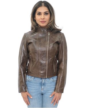 Infinity Leather Biker Jacket-Celaya - Brown