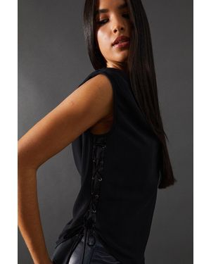 Warehouse Chiffon Lace Up Detail Slash Neck Top - Grey