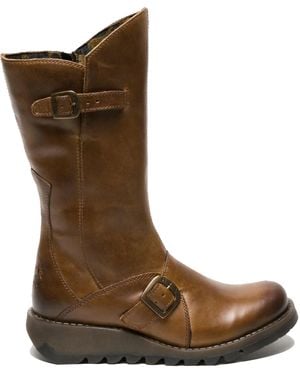 Fly London Leather Buckle Mid-Calf Platform Boots - Brown