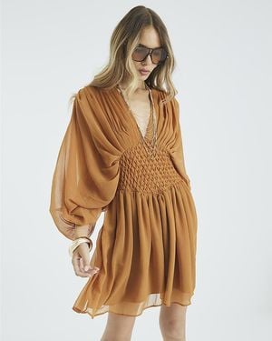 River Island Smock Mini Dress Long Sleeve V-Neck - Natural