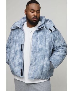 BoohooMAN Plus Oversized Fit Washed Nylon Hooded Funnel Neck Duvet Puffer Jacket - Blue