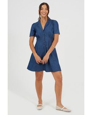 Brave Soul Chambray Short Sleeve Collared Mini Dress - Blue