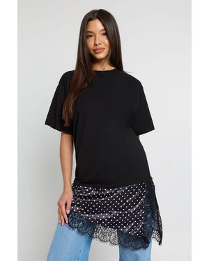 Boohoo Polka Dot Lace Satin Asymmetric Hem T-Shirt - Black