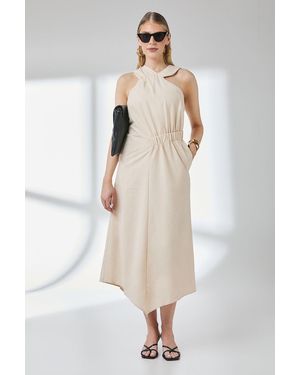 PRINCIPLES Ruched Detail Linen Asymmetric Hem Halter Midaxi Dress - White