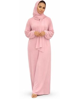 VR2 Denim Ladies Abaya With Scarf Attached Comfortable Modest Dress - Pink