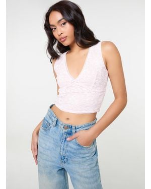 Pink Vanilla V Neck Lace Crop Top - White