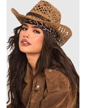 Boohoo Beaded Trim Straw Western Cowboy Hat - Brown
