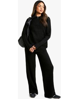 Boohoo Soft Knit Thick Rib Zip Neck Oversized Jumper And Wide Leg Trouser Set - Black