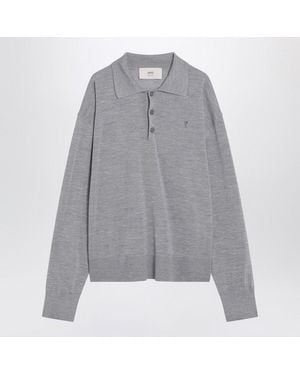 Ami Paris Wool And Silk Polo Ami De Coeur - Grey