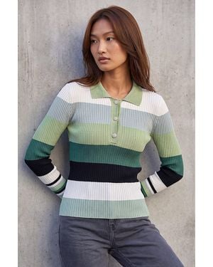 Roman Stripe Collar Buttoned Knit - Green