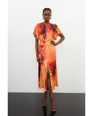 Karen Millen Floral Print Satin Crepe Woven Angel Sleeve Midi Dress - Orange