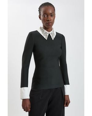 Karen Millen Figure Form Bandage Embellished Collar Knit Top - Black