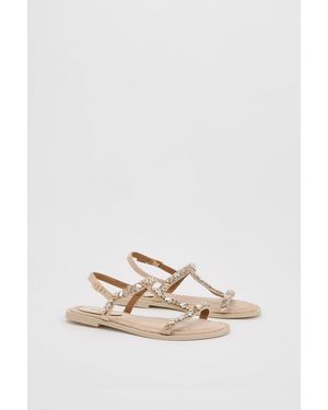 Oasis Mayla Faux Suede Embellished T Bar Flat Sandals - Natural