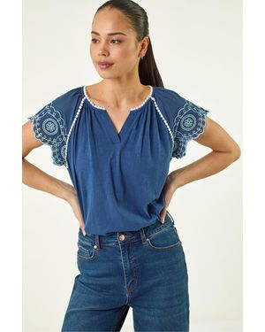 Roman Petite Embroidered V-Neck Top - Blue