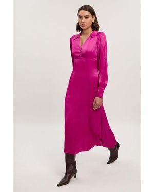 Karen Millen Petite Viscose Satin V Neck Long Sleeve Woven Midi Dress - Pink