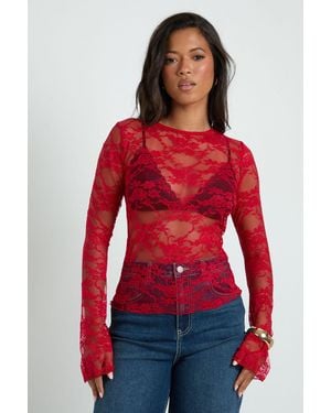 Boohoo Lace Boat Neck Flare Sleeve Top - Red