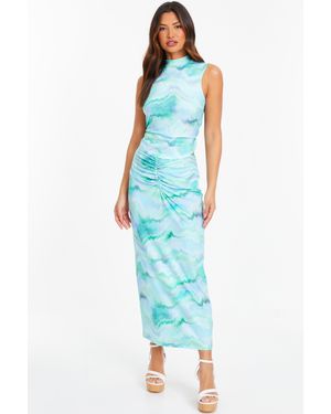 Quiz Pale Marble Print Ruched Midi Skirt - Blue