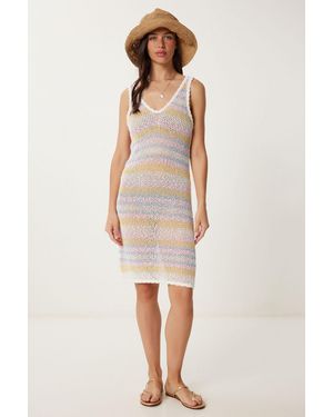 Happiness İstanbul Striped V-Neck Bodycon Knit Dress - Yellow