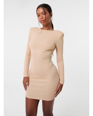 Pink Vanilla Scoop Neck Long Sleeve Shoulder Pad Dress - Natural