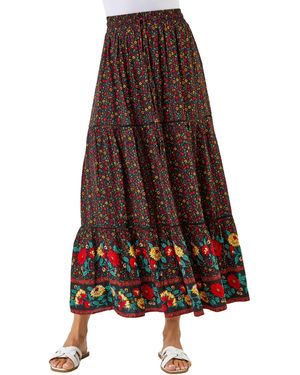 Roman Tiered Floral Print Maxi Skirt - Brown