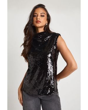Boohoo Sequin High Neck Ruched Top - Black