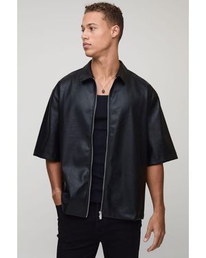 BoohooMAN Tall Oversized Tumbled Pu Half Sleeve Overshirt - Black
