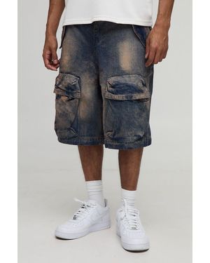 BoohooMAN Parachute Cargo Antique Washed Denim Shorts - Blue