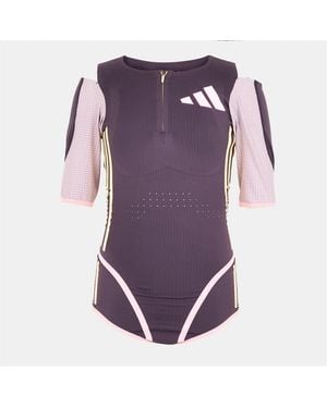adidas Slim Fit Zip Neck Three Quarter Sleeve Bodysuit - Purple