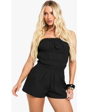 Boohoo Cotton Poplin Ruched Playsuit - Black