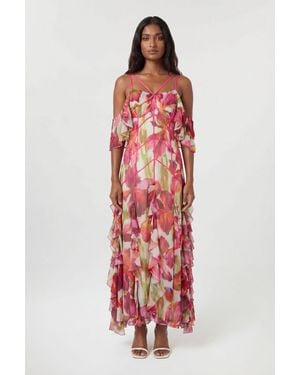 Karen Millen Petite Crinkle Print Beaded Cold Shoulder Maxi Dress - Red