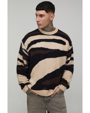 BoohooMAN Tall Oversized Boxy Brushed Animal Knitted Jumper - Grey