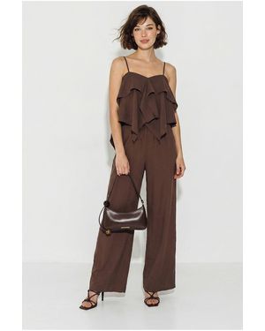 Bianco Lucci Strapless Frilled Blouse And Wide-Leg Trousers Set - Brown