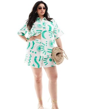 Yours Shirred Linen Look Shorts - Blue
