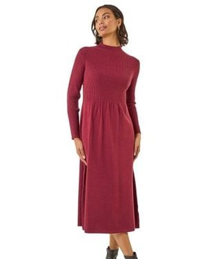 Roman Ribbed Knit High Neck Midi Dress - Red