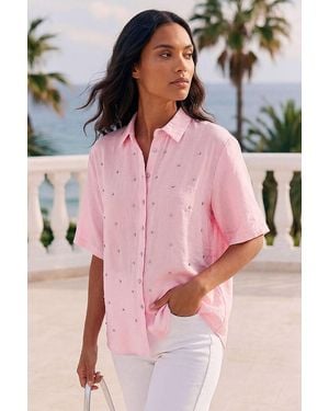 Roman Rhinestone Button Detail Collar Blouse - Pink