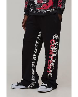 BoohooMAN Baggy Fit Flare Gothic Print Joggers - Black