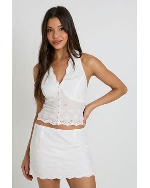 Boohoo Scallop Edge Broderie Halter Top - White