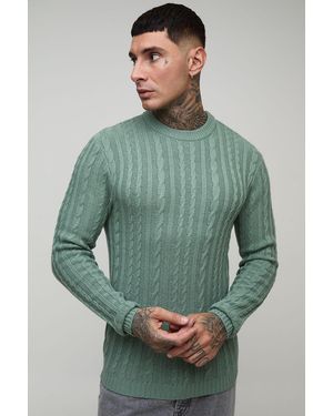 BoohooMAN Tall Basic Muscle Fit Cable Knit Jumper - Green