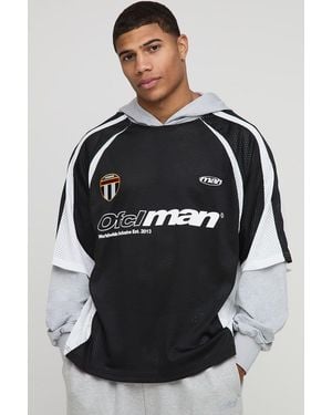 BoohooMAN Oversized Mesh Ofclman Faux Sleeve Sports Top Hoodie - Black
