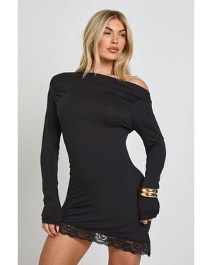 Boohoo Lace Trim Asymmetric Hem Long Sleeve Top - Black