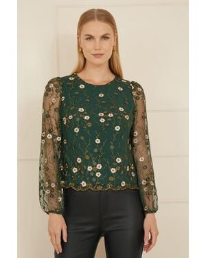 Yumi' Floral Embroidered Long Sleeve Top Material_Polyester - Green