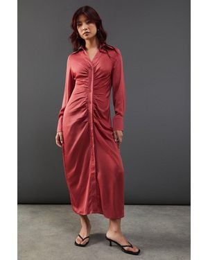 Warehouse Satin Ruched Front Midi Shirt Dress - Red