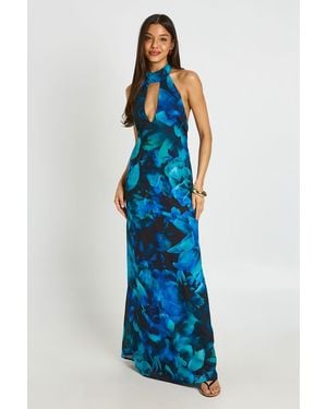 Boohoo Floral High Neck Pleated Maxi Dress - Blue