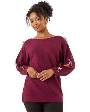 Roman Petite Bow Trim Sleeve Knit Jumper - Red